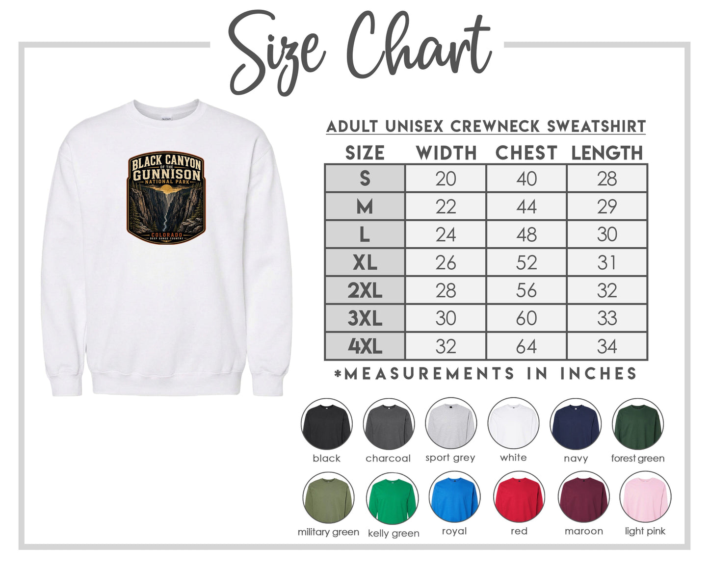 The image is a size chart for an adult unisex crewneck sweatshirt. It includes a white crewneck sweatshirt with a graphic design and a table with size measurements for different chest and waist sizes.
