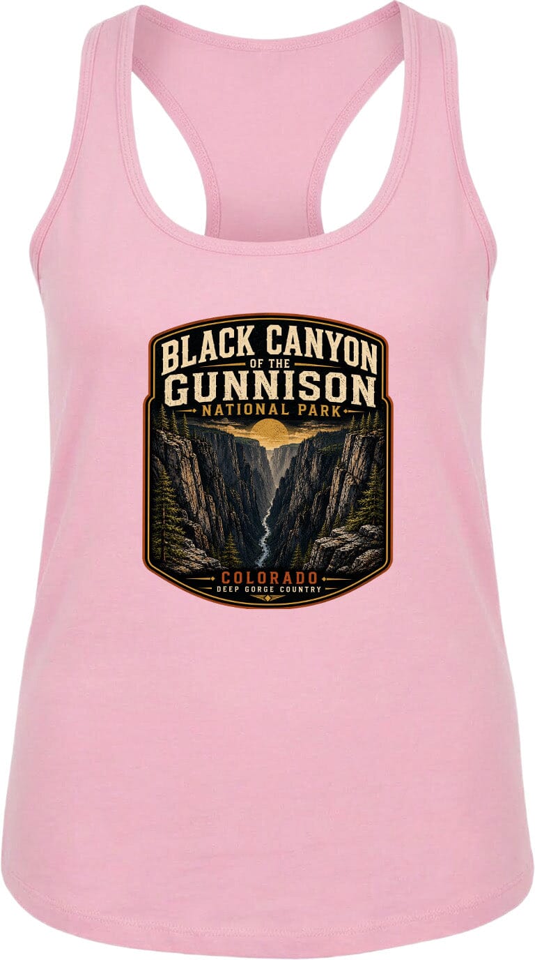 A pink tank top with a graphic design depicting the Black Canyon of the Gunnison National Park in Colorado.