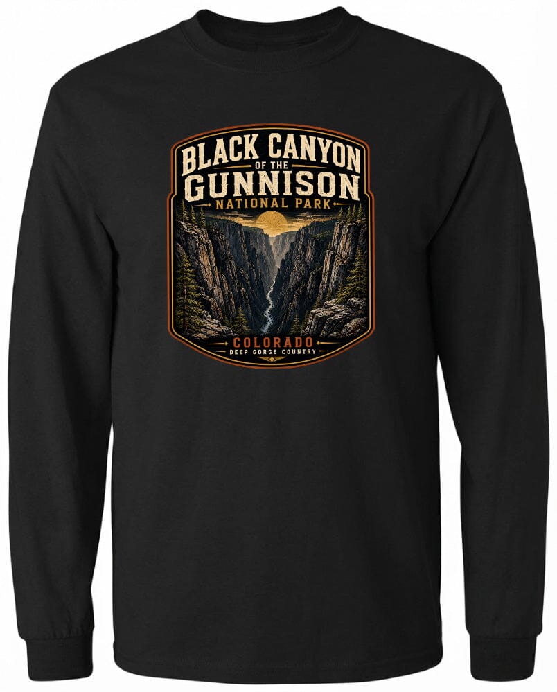A black long-sleeved t-shirt with a graphic design depicting the Black Canyon of the Gunnison National Park in Colorado.