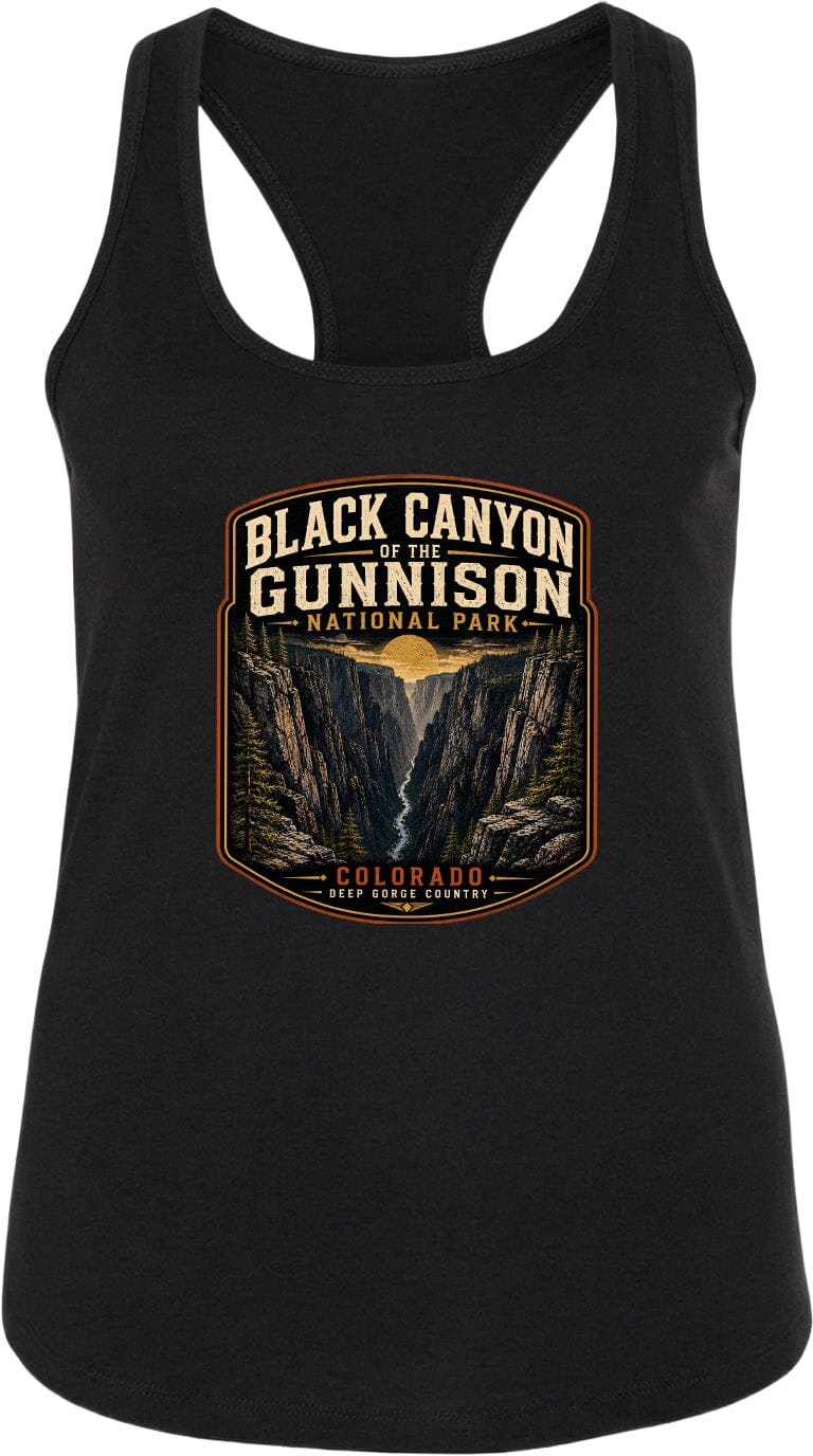 A black tank top with a graphic design depicting the Black Canyon of the Gunnison National Park in Colorado.