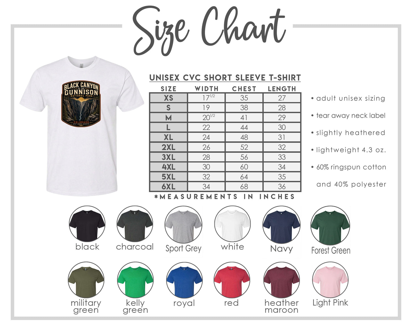 The image is a size chart for a unisex CVC short sleeve t-shirt, including various sizes and measurements in inches.