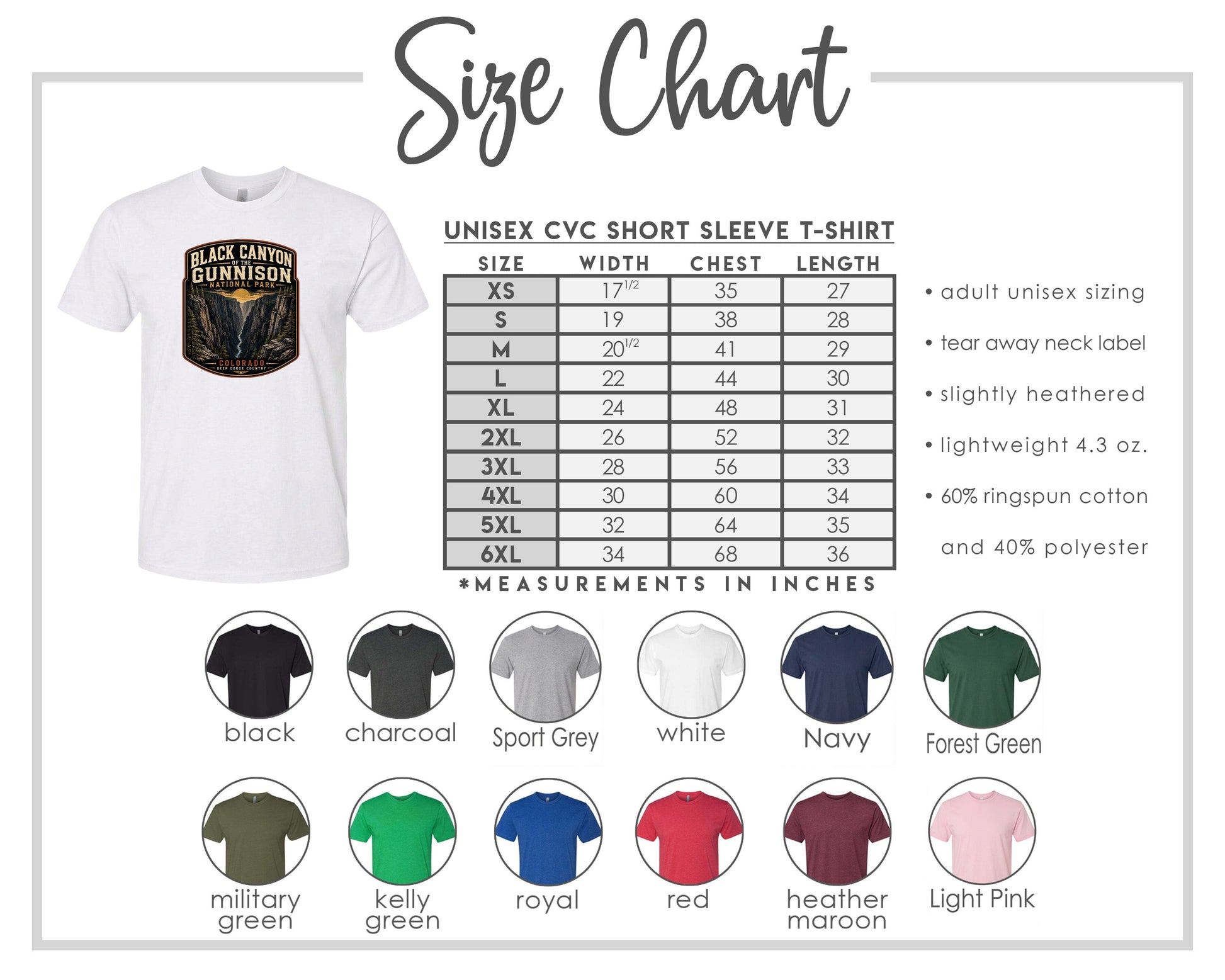 The image is a size chart for a unisex CVC short sleeve t-shirt, including various sizes and measurements in inches.