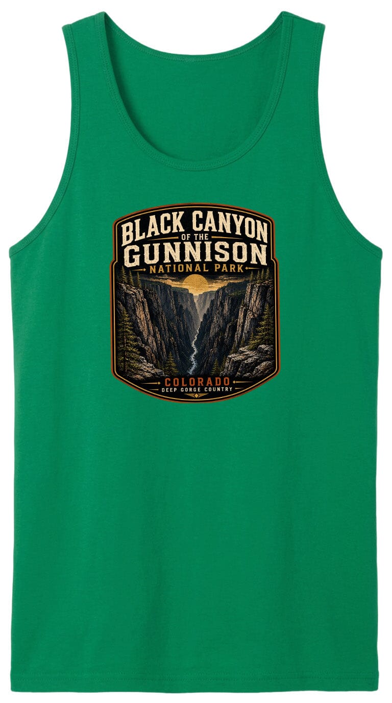 A green tank top with a graphic design depicting the Black Canyon of the Gunnison National Park in Colorado.