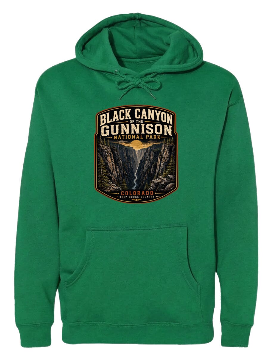A green hoodie with a graphic design depicting the Black Canyon of the Gunnison National Park in Colorado.