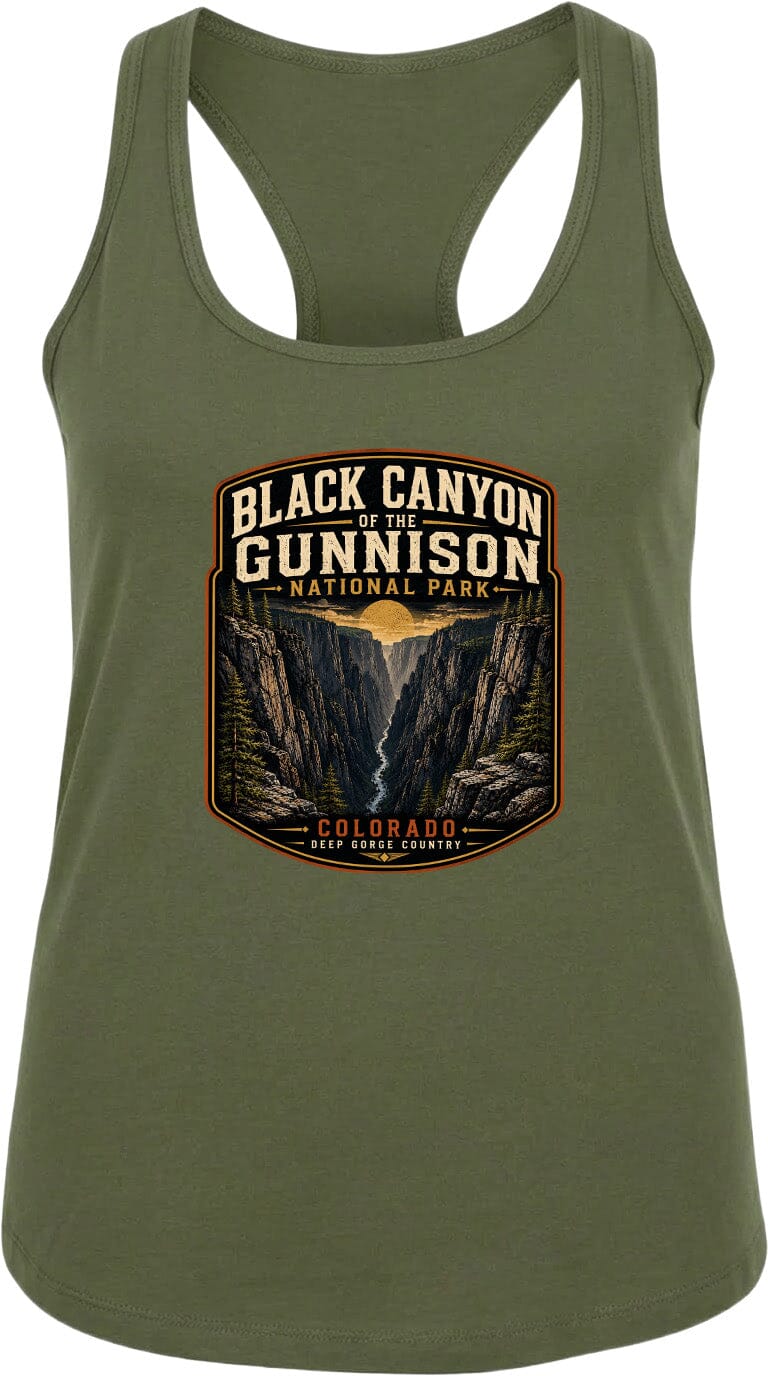 A green tank top with a graphic design depicting the Black Canyon of the Gunnison National Park in Colorado.