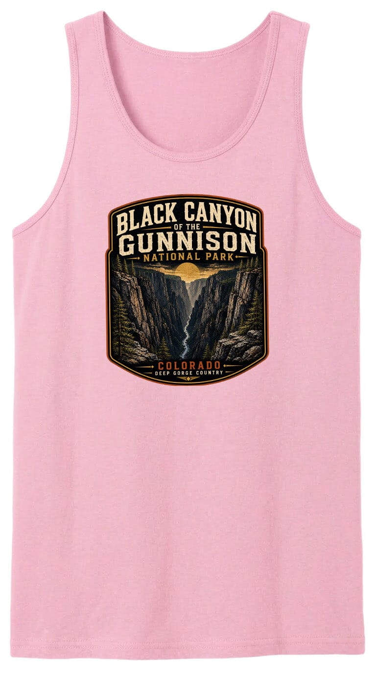A pink tank top with a graphic design depicting the Black Canyon of the Gunnison National Park in Colorado.