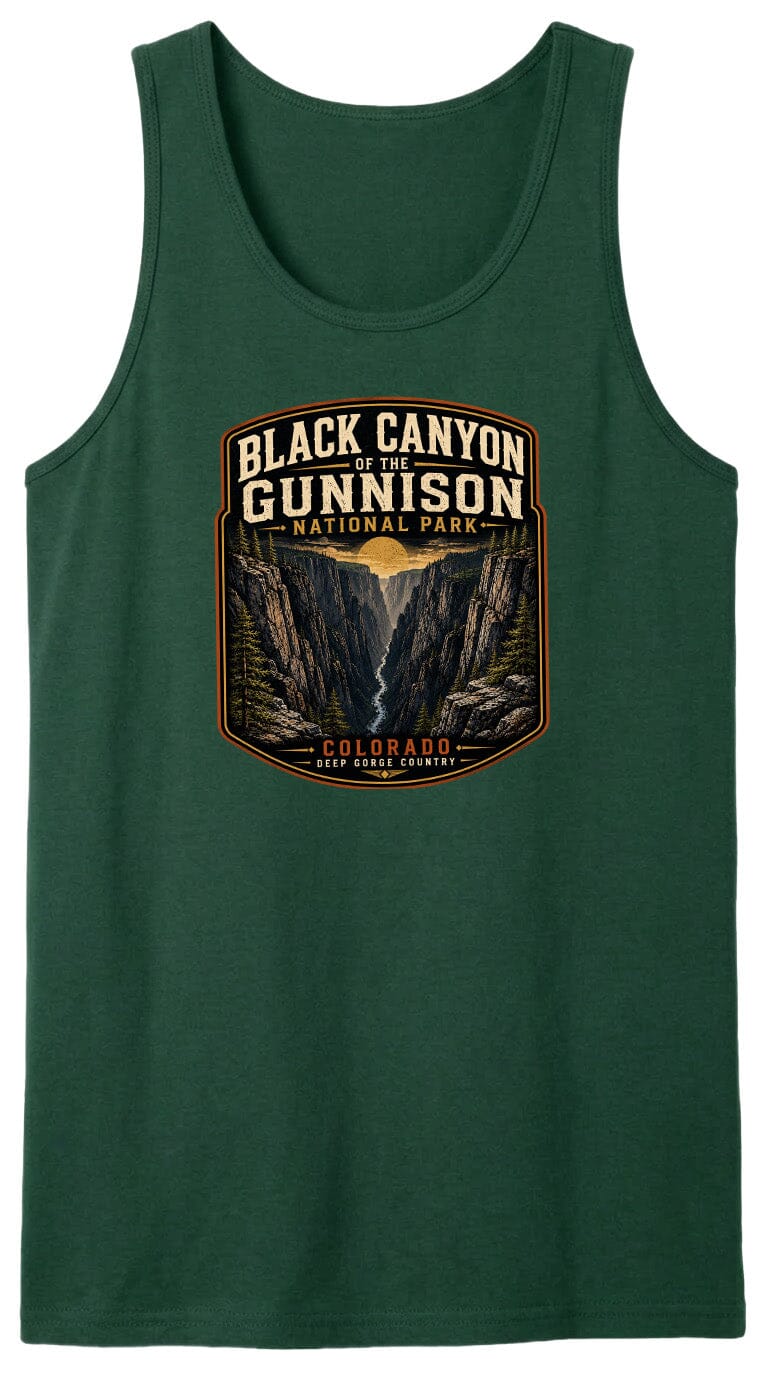 A green tank top with a graphic design depicting the Black Canyon of the Gunnison National Park in Colorado.