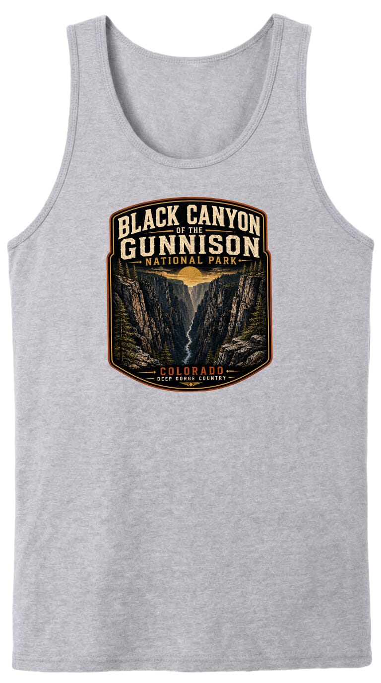 A gray tank top with a graphic design depicting the Black Canyon of the Gunnison National Park in Colorado.