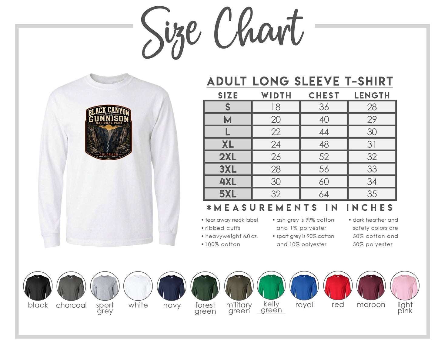 The image is a size chart for an adult long sleeve t-shirt, providing measurements and corresponding shirt colors.