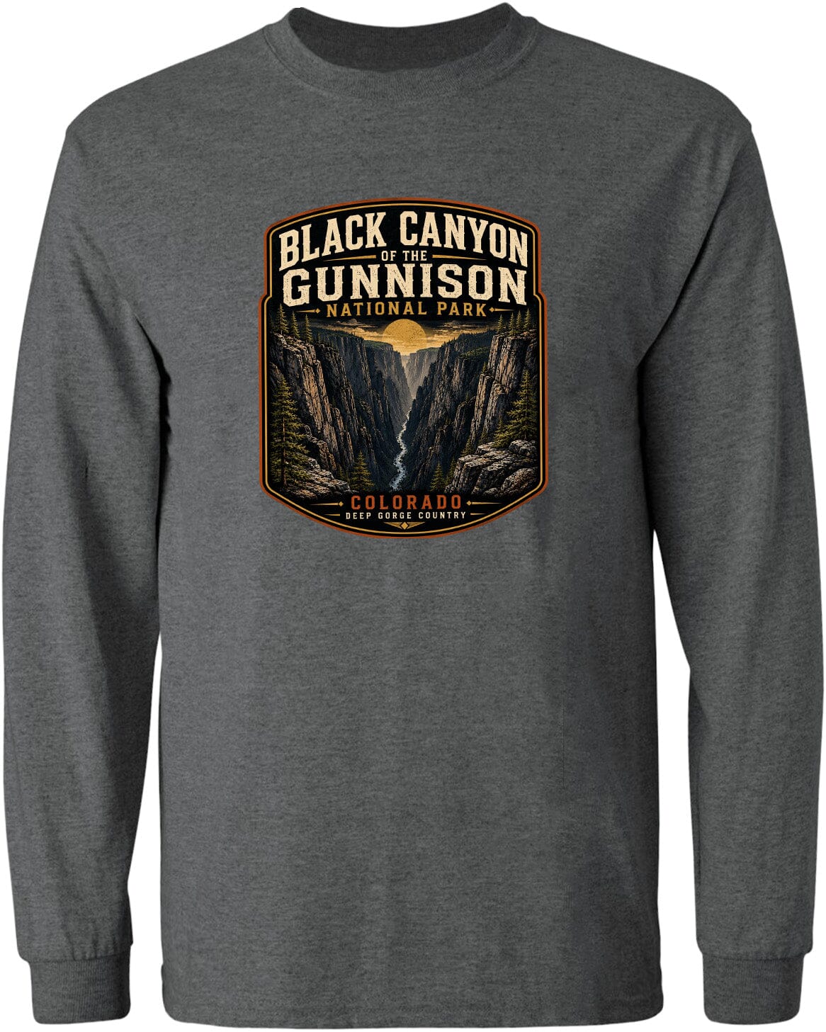 A gray long-sleeved t-shirt with a graphic design depicting the Black Canyon of the Gunnison National Park in Colorado.