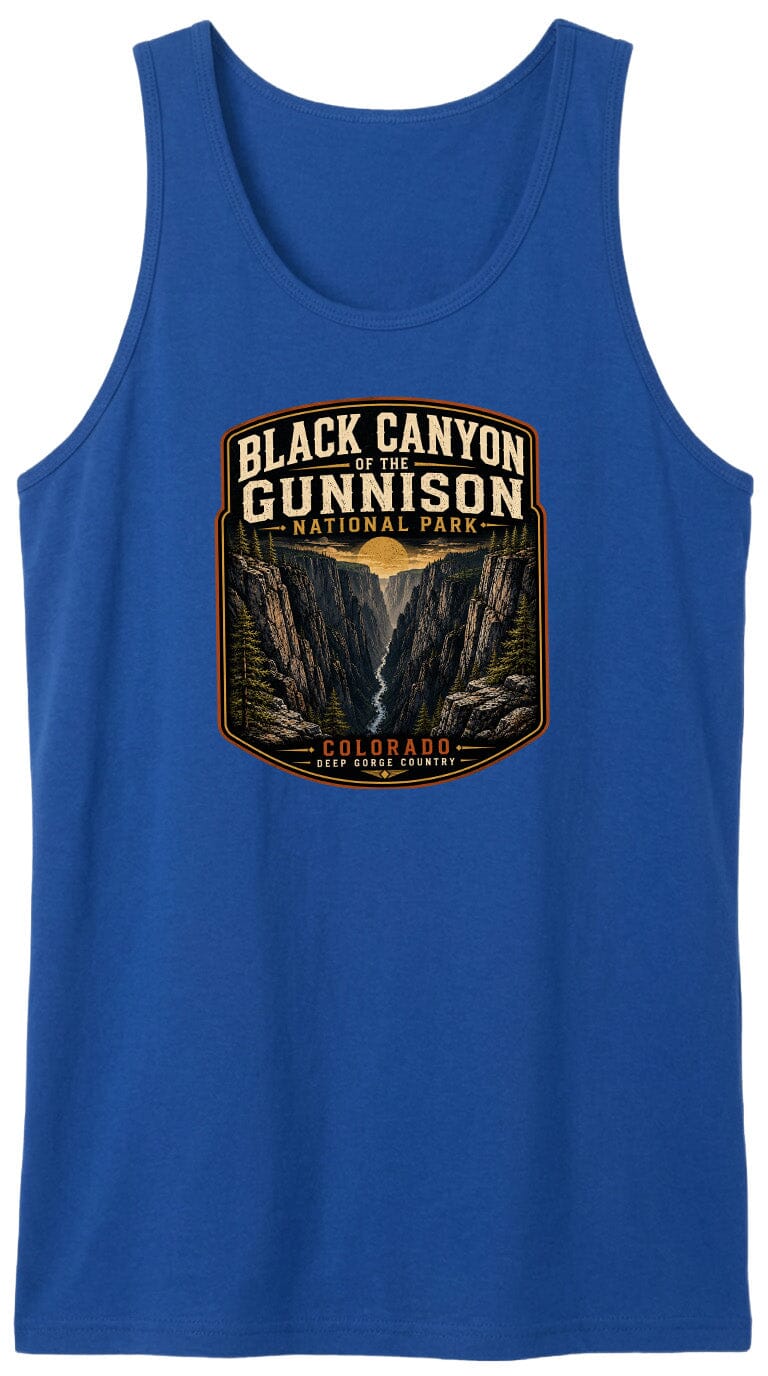 A blue tank top with a graphic design depicting the Black Canyon of the Gunnison National Park in Colorado.