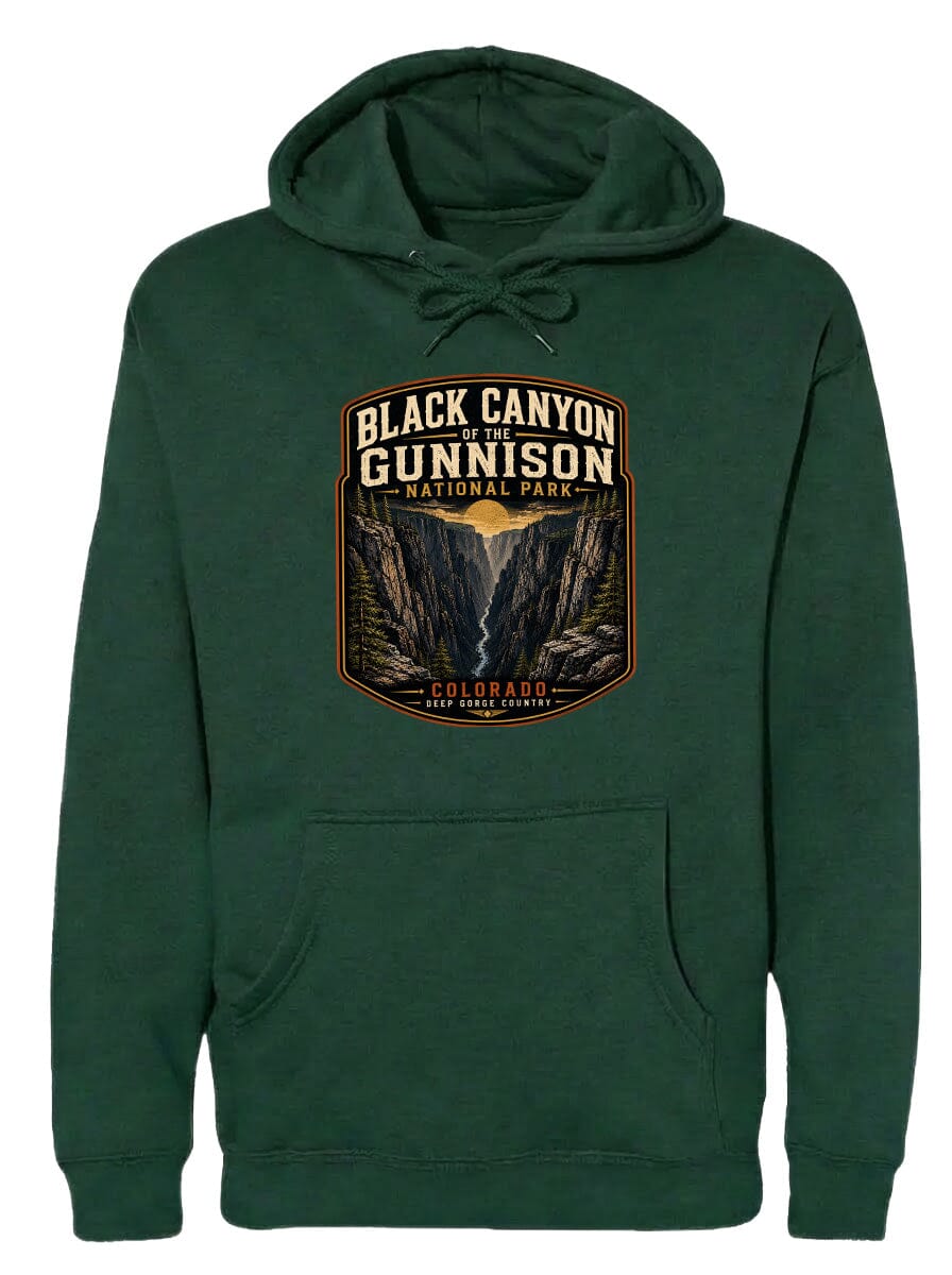 A green hoodie with a graphic design depicting the Black Canyon of the Gunnison National Park in Colorado.