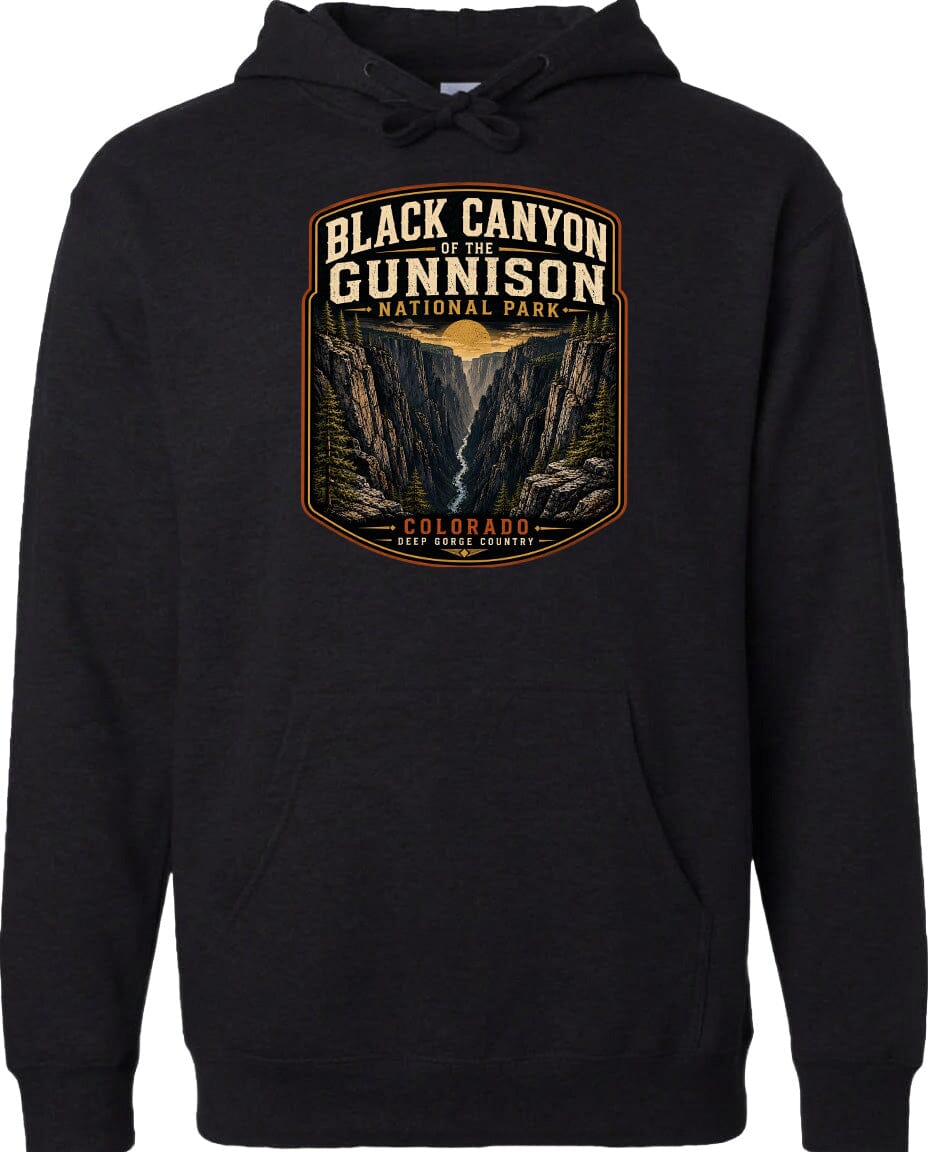 A black hoodie with a graphic design depicting the Black Canyon of the Gunnison National Park in Colorado.