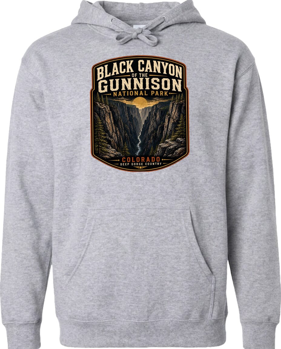 A gray hoodie with a graphic design depicting the Black Canyon of the Gunnison National Park in Colorado.