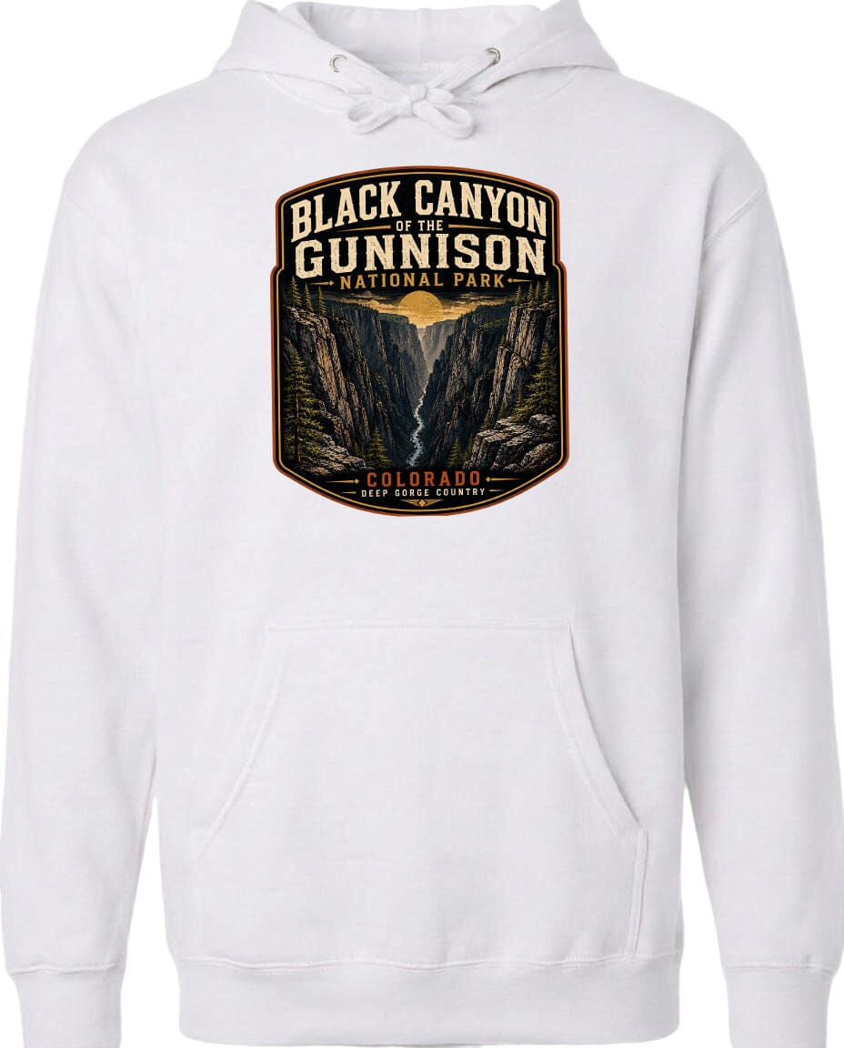 A white hoodie with a graphic design depicting the Black Canyon of the Gunnison National Park in Colorado.
