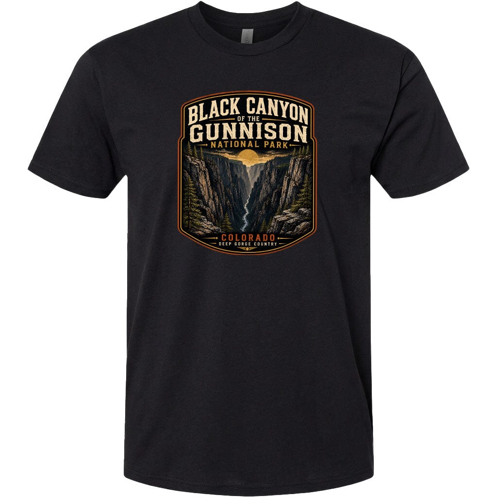 A black t-shirt with a graphic design depicting the Black Canyon of the Gunnison National Park in Colorado.