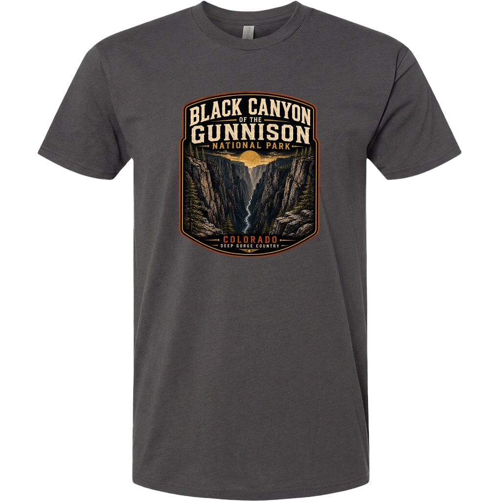 A gray t-shirt with a graphic design depicting the Black Canyon of the Gunnison National Park in Colorado.