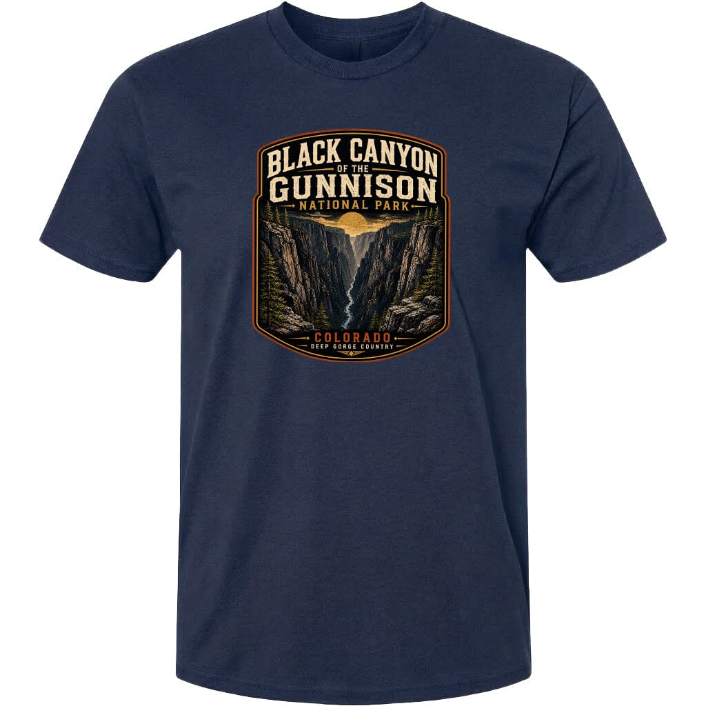 A navy blue t-shirt with a graphic design depicting the Black Canyon of the Gunnison National Park in Colorado.