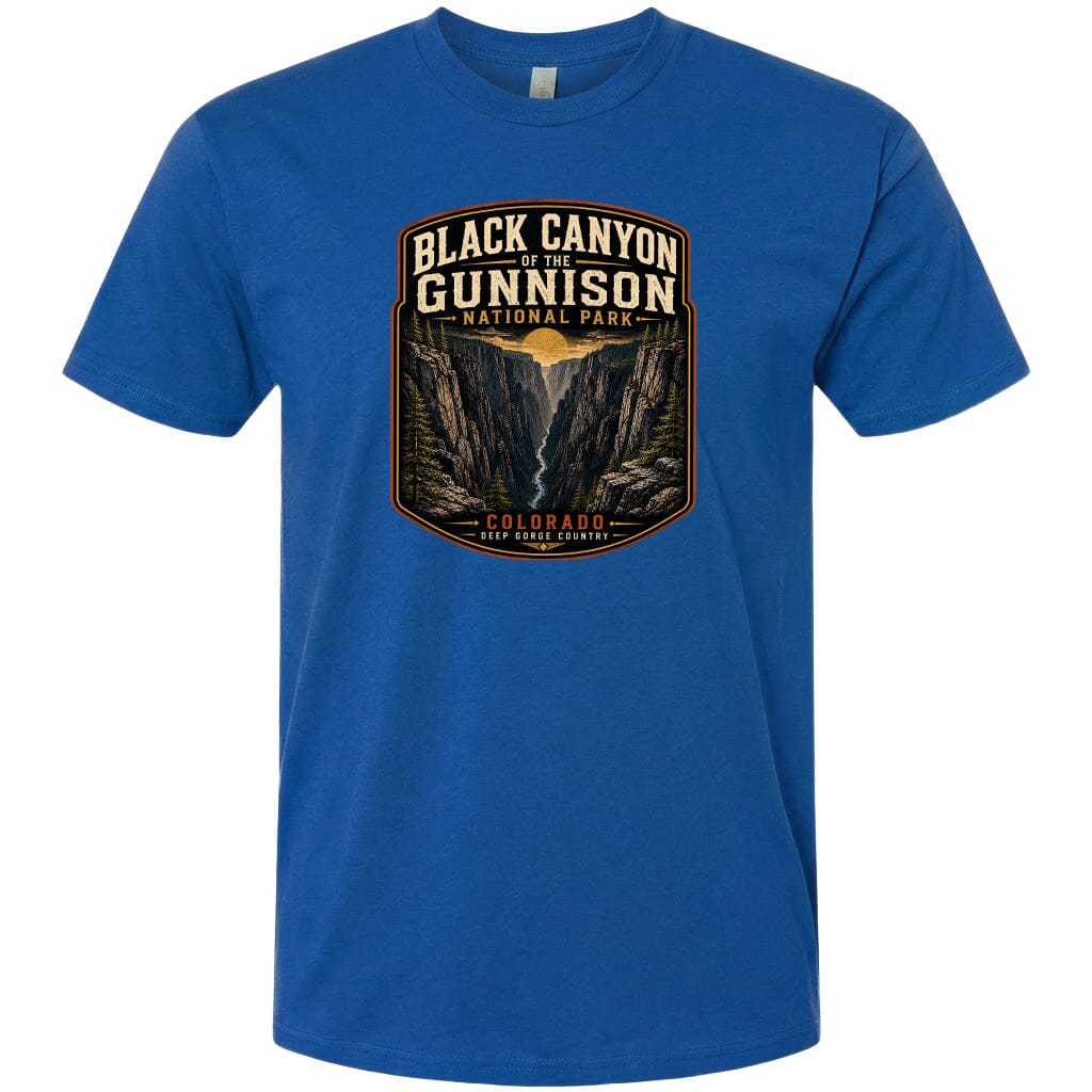 A blue t-shirt with a graphic design depicting the Black Canyon of the Gunnison National Park in Colorado.