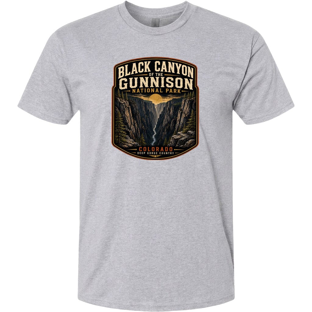 A gray t-shirt with a graphic design depicting the Black Canyon of the Gunnison National Park in Colorado.