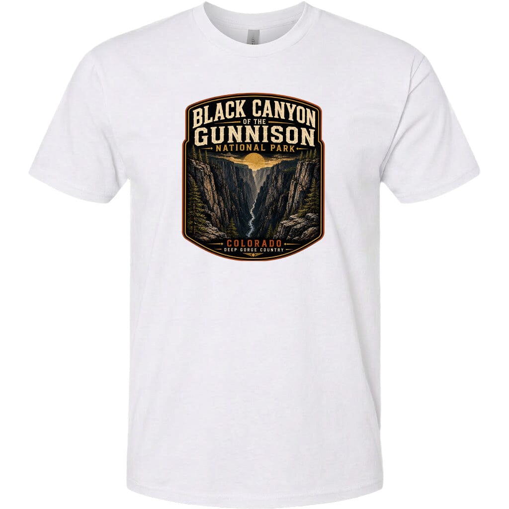 A white t-shirt with a graphic design depicting the Black Canyon of the Gunnison National Park in Colorado.
