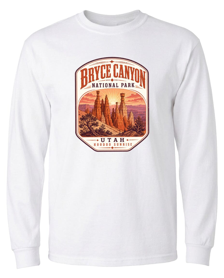 A white long-sleeved t-shirt with a graphic design depicting the Bryce Canyon National Park in Utah.