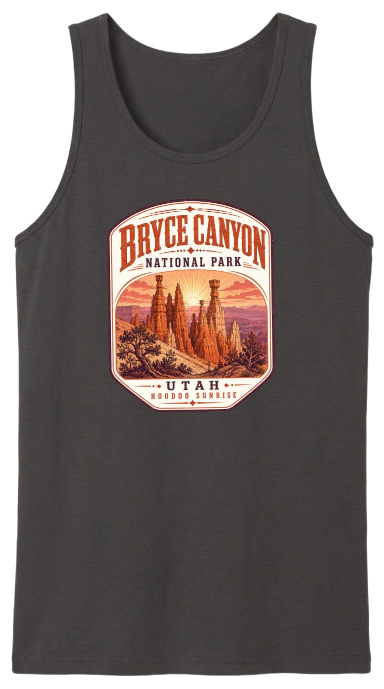 A black tank top with a graphic design depicting Bryce Canyon National Park and Utah.