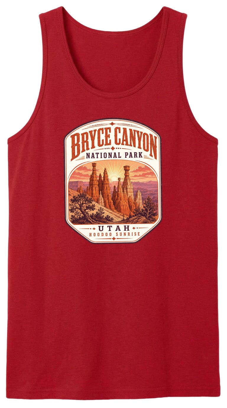 A red tank top with a graphic design depicting the Bryce Canyon National Park in Utah.
