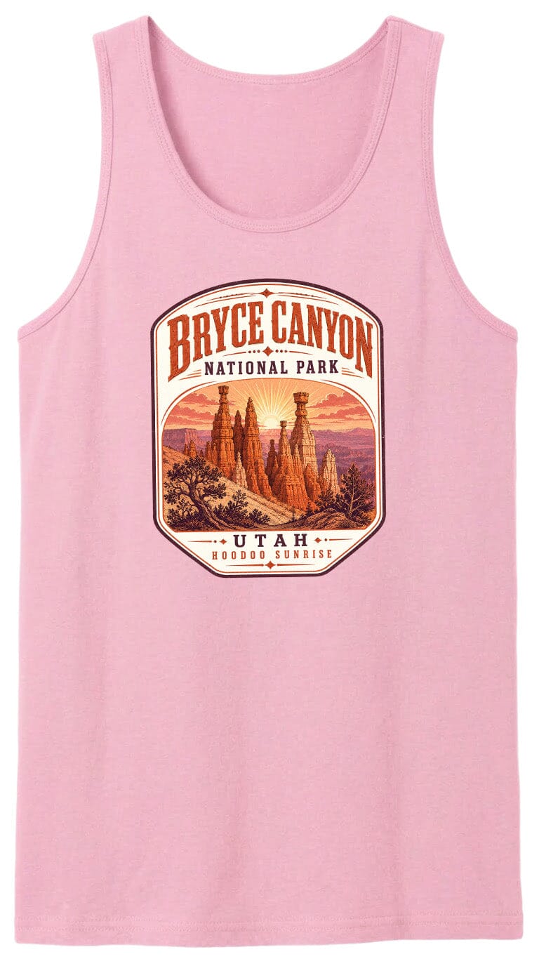 A pink tank top with a graphic design depicting Bryce Canyon National Park and Utah's Hoodoos sunrise.