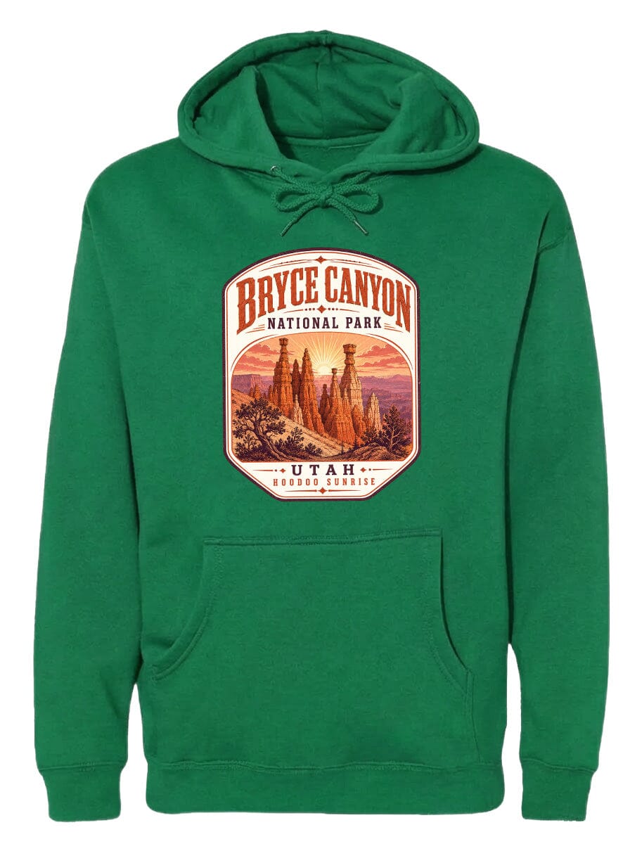A green hoodie with a graphic design depicting Bryce Canyon National Park and Utah.