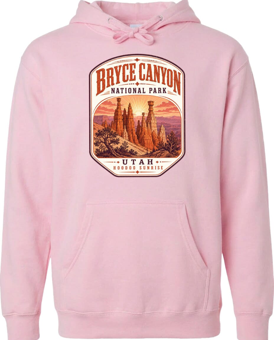 A pink hoodie with a graphic design depicting Bryce Canyon National Park and Utah.