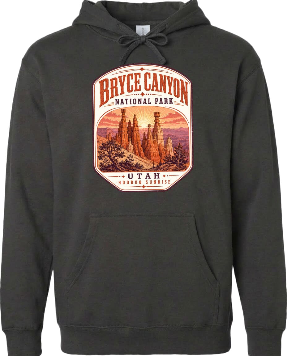 A black hoodie with a graphic design depicting the Bryce Canyon National Park in Utah.
