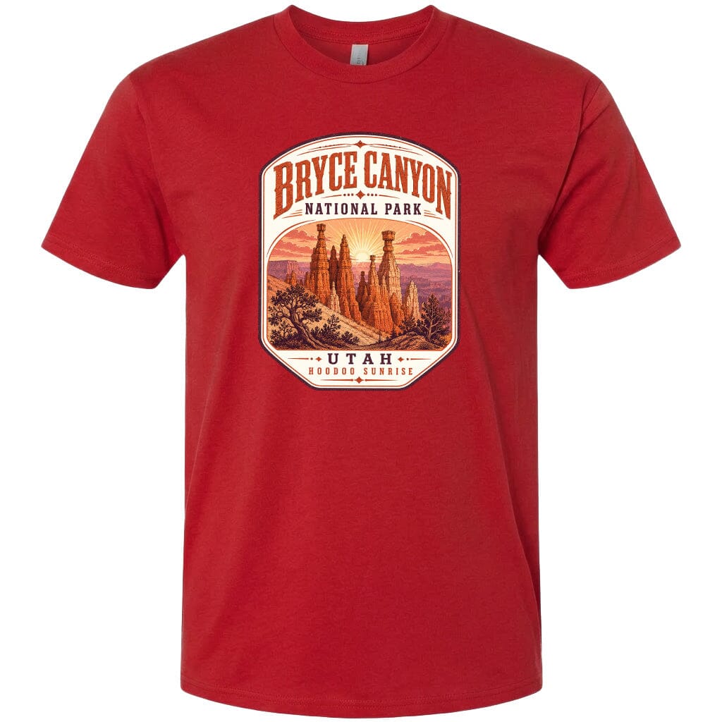 A red t-shirt with a graphic design depicting the Bryce Canyon National Park in Utah.