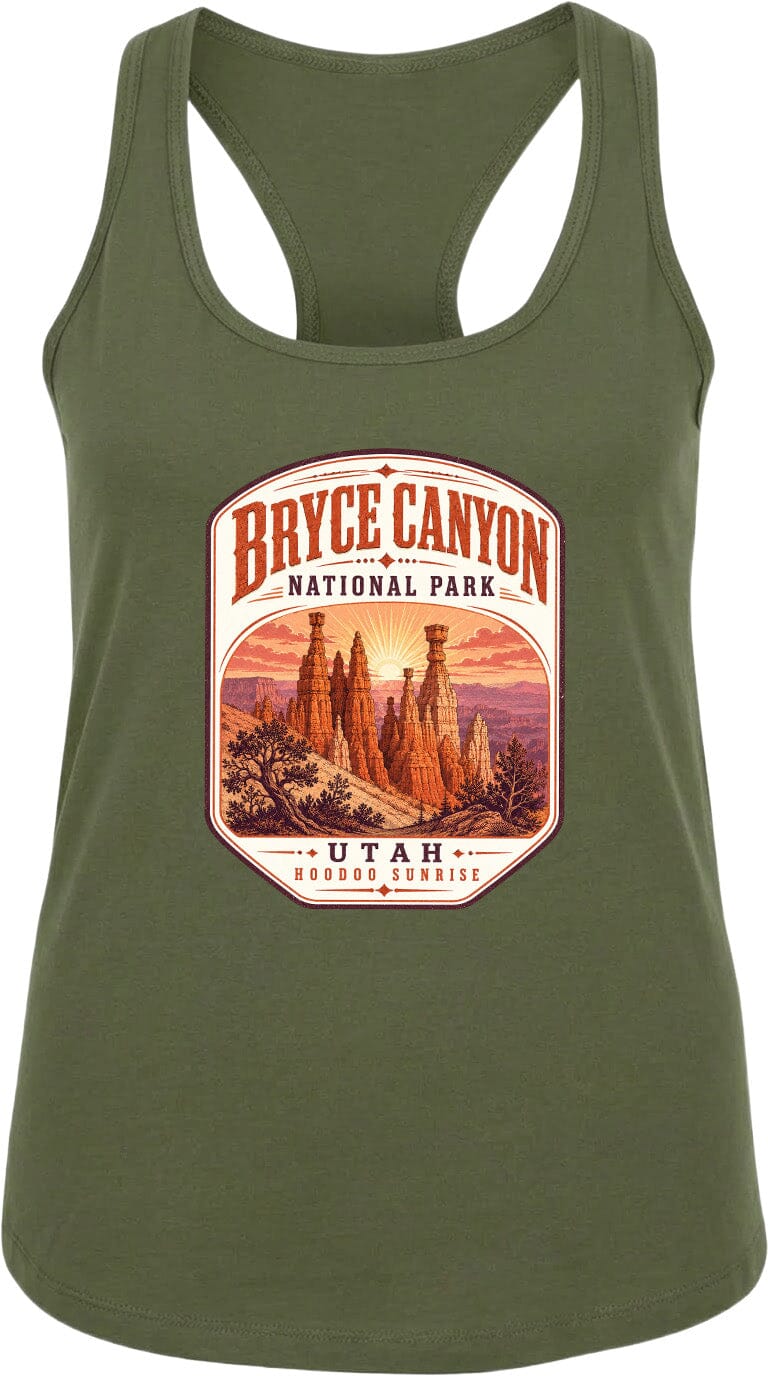 A green tank top with a graphic design depicting the Bryce Canyon National Park in Utah, featuring the iconic hoodoos and the sunrise.