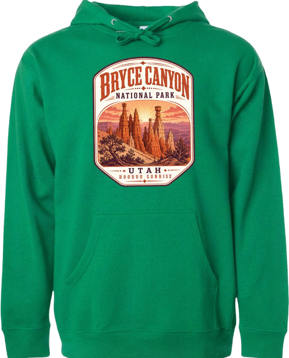 A green hoodie with a graphic design depicting Bryce Canyon National Park and Utah.