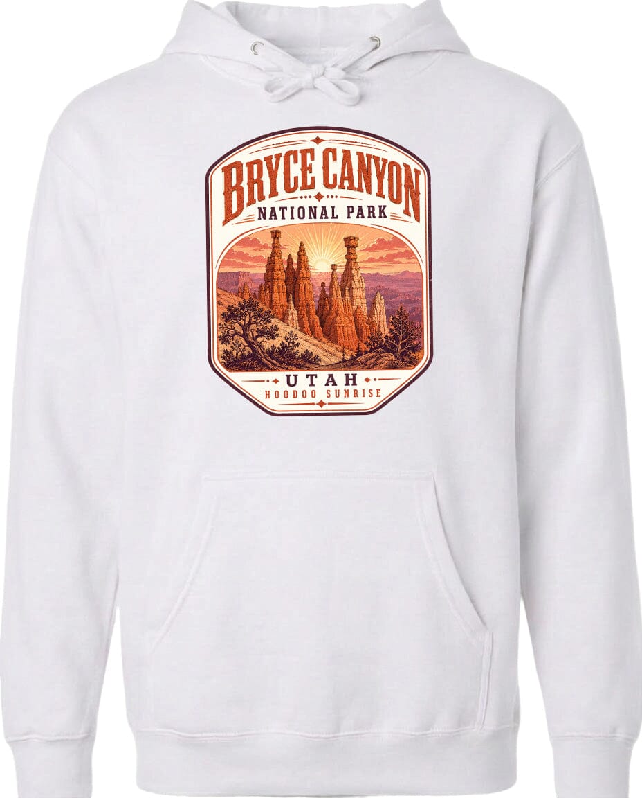 A white hoodie with a graphic design depicting Bryce Canyon National Park and Utah.