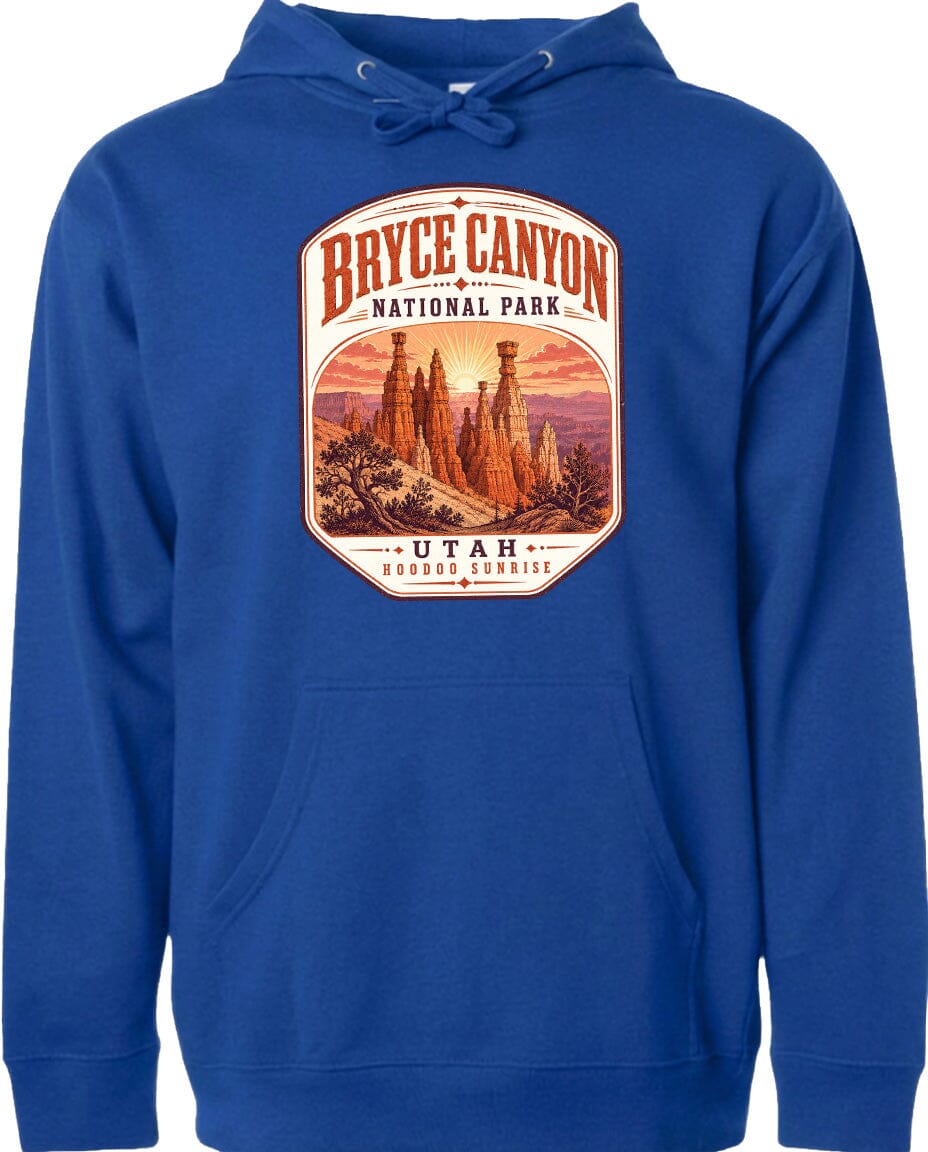 A blue hoodie with a graphic design depicting the Bryce Canyon National Park in Utah.