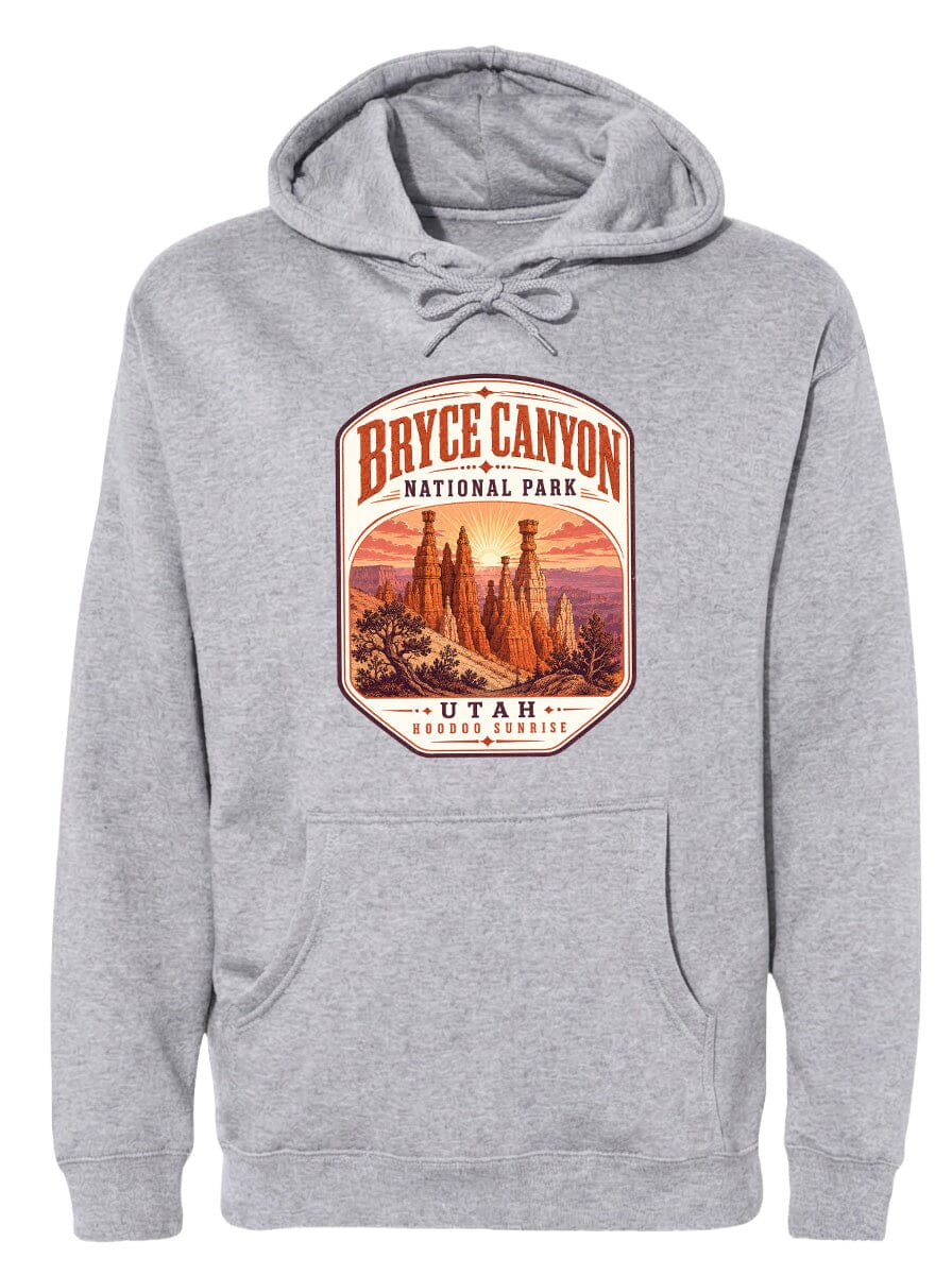 A gray hoodie with a graphic design depicting Bryce Canyon National Park and Utah.