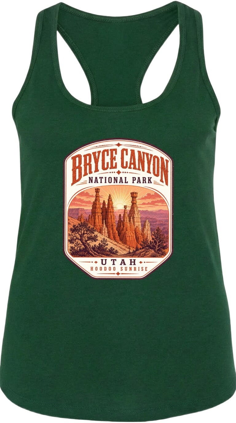 A green tank top with a graphic design depicting the Bryce Canyon National Park in Utah, featuring the iconic hoodoos and the sunrise.