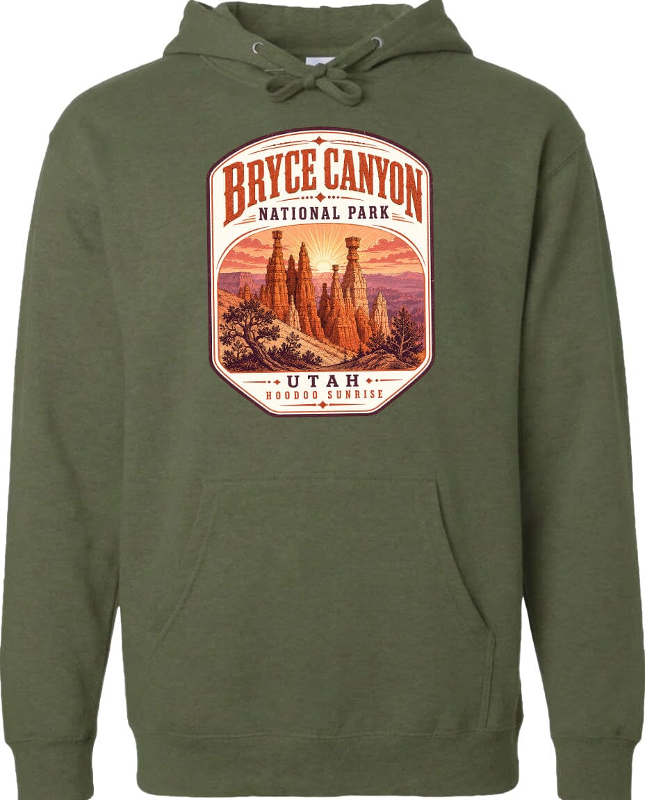 A green hoodie with a graphic design depicting the Bryce Canyon National Park in Utah.