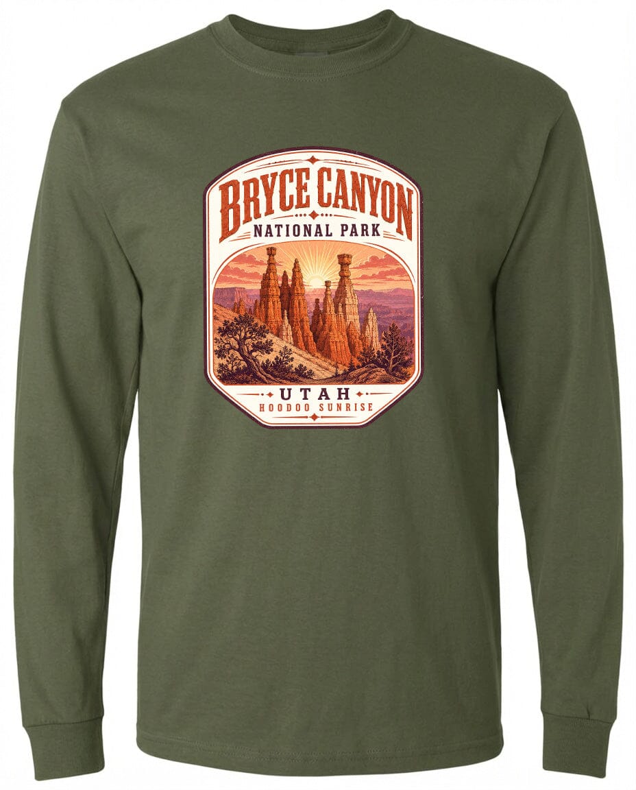 A long-sleeved green t-shirt with a graphic design depicting the Bryce Canyon National Park in Utah.