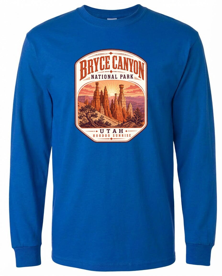 A blue long-sleeved t-shirt with a graphic design depicting the Bryce Canyon National Park in Utah.