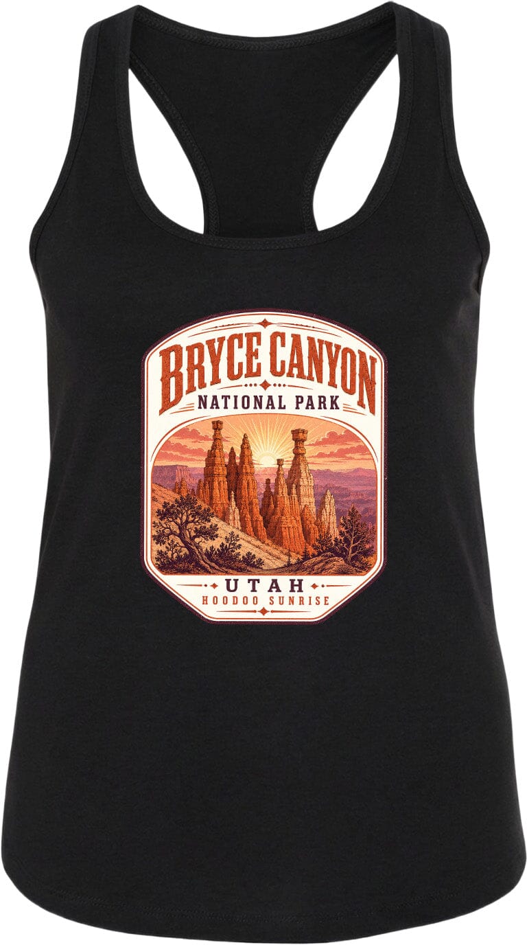 A black tank top with a graphic design depicting Bryce Canyon National Park and Utah Hoodoo Sunset.