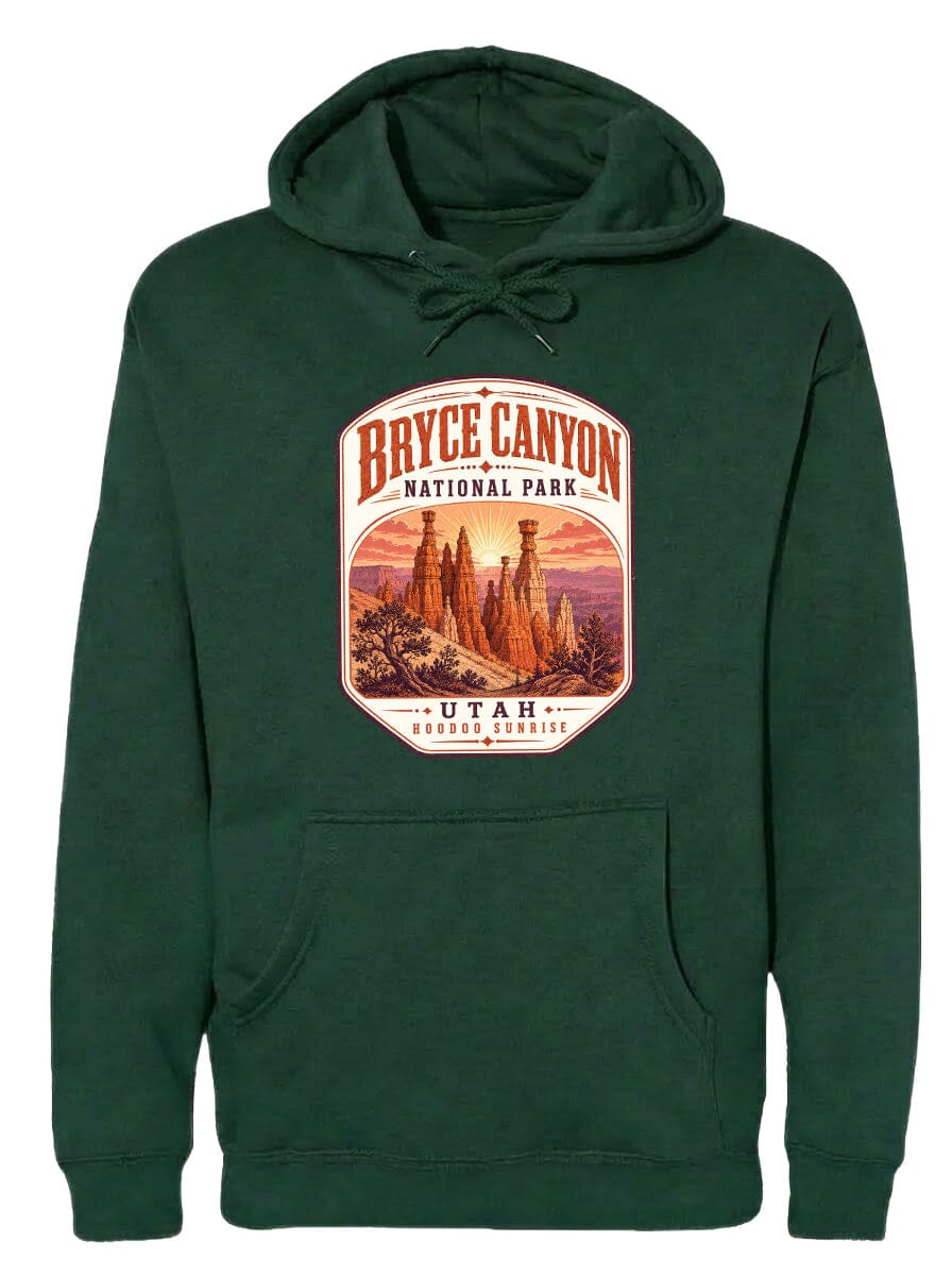 A green hoodie with a graphic design depicting Bryce Canyon National Park and Utah.