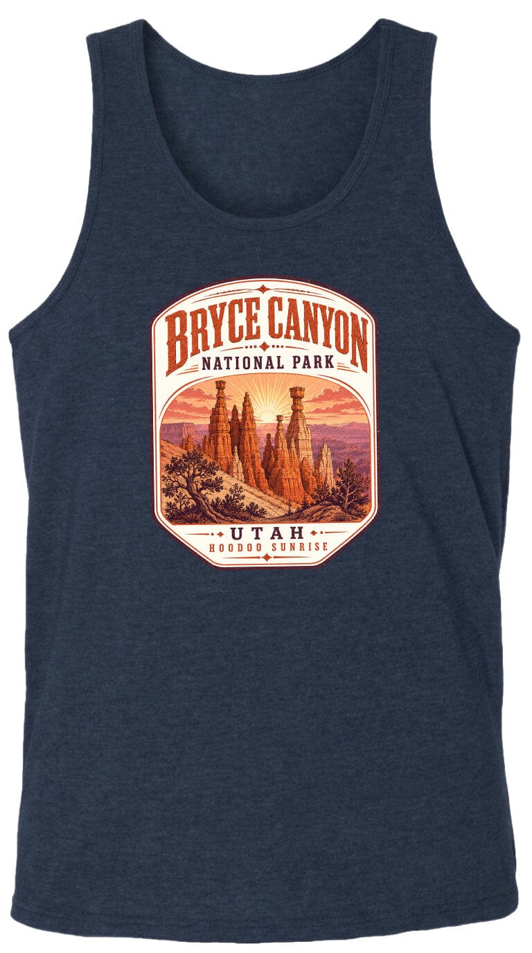 A graphic design featuring the Bryce Canyon National Park in Utah, with a mountain landscape and the text "Bryce Canyon National Park" prominently displayed.