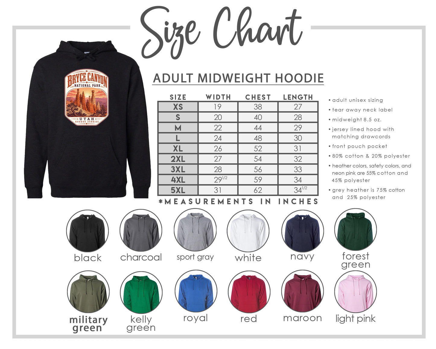 The image is a size chart for an adult midweight hoodie, including various color options and corresponding measurements in inches.