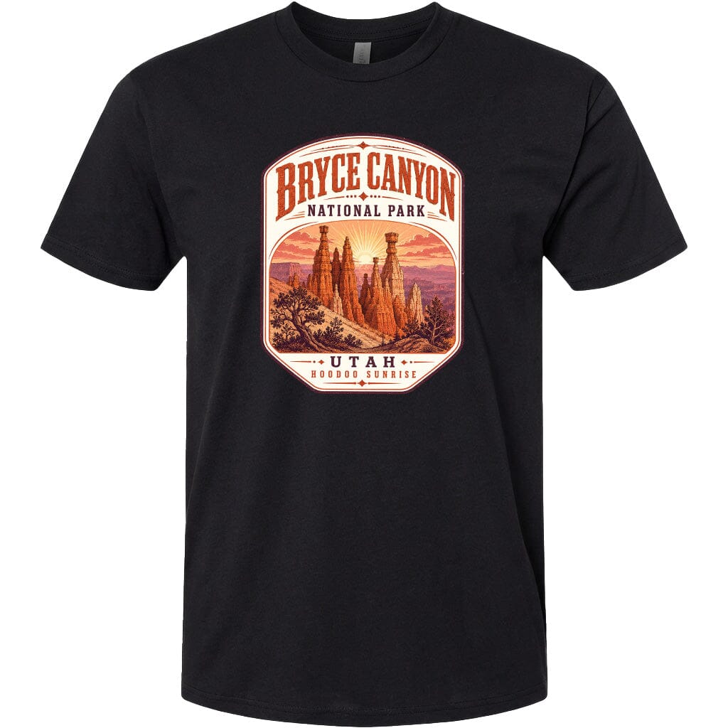 A black t-shirt with a graphic design depicting the Bryce Canyon National Park in Utah.