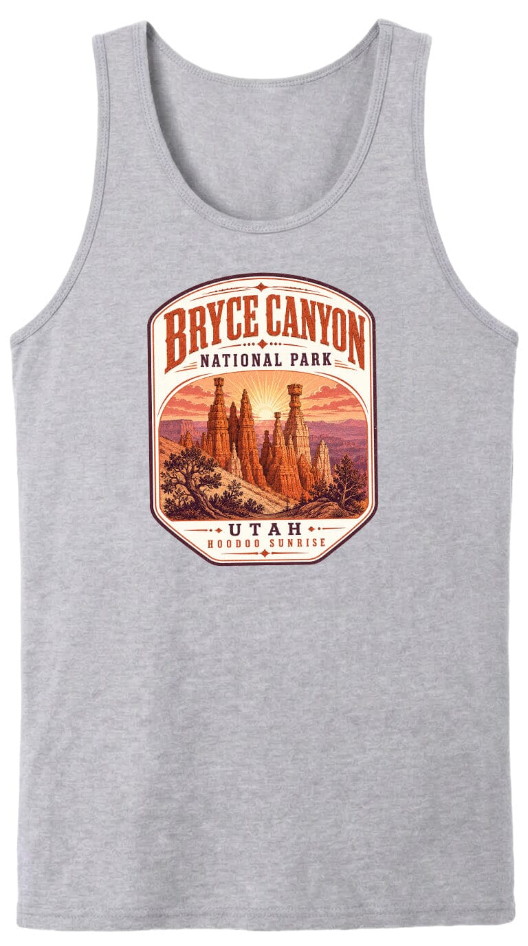 A gray tank top with a graphic design depicting Bryce Canyon National Park, featuring the iconic hoodoos and the sunrise.