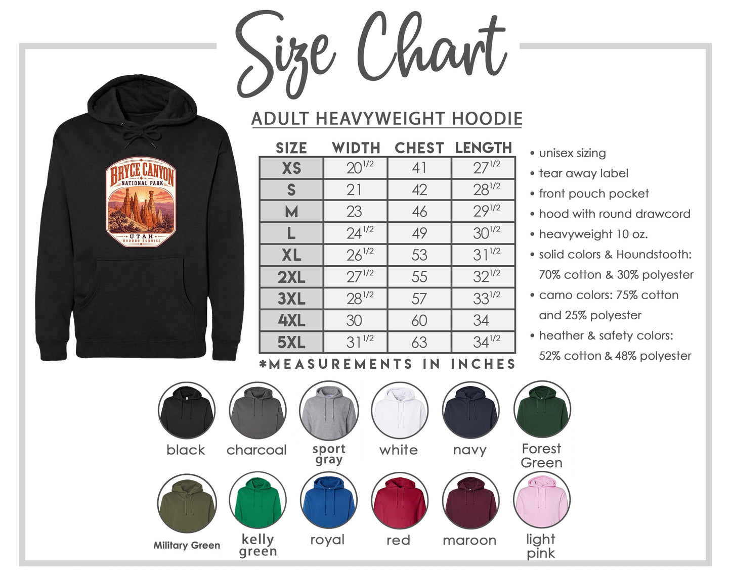 The image is a size chart for an adult heavyweight hoodie, including various color options and measurements in inches.