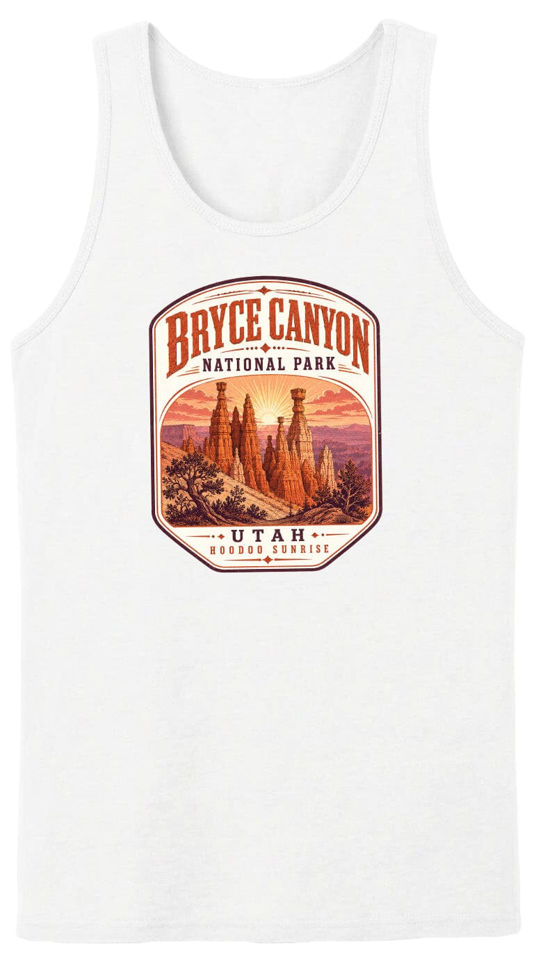 A white tank top with a graphic design featuring the Bryce Canyon National Park in Utah.